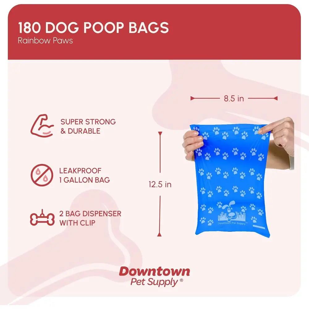Dog Waste Bags with Dispenser, 180 Count - Leak-Proof and Bone-Shaped Holder or Leash, 12.5 x 8.5, Rainbow with Paw Prints