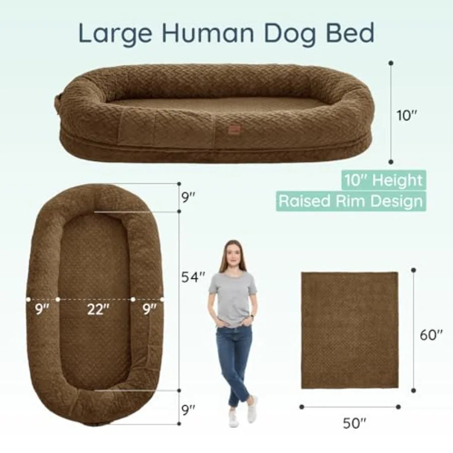 Human Dog Bed for Adult Luxury Faux Fur Giant Size with Portable Handle Egg Orthopedic Foam Blanket 72x40x10 Brown