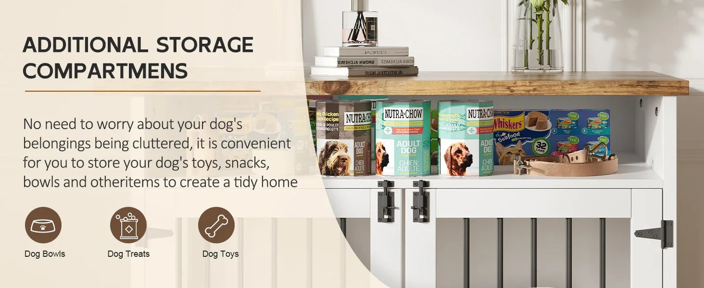 72 Inch Dog Crate Furniture for 2 Dogs Wooden Dog Crate with Storage Compartments Indoor Kennel with 4 Doors