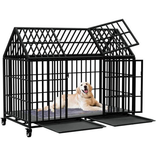 Duty Dog Crate Large Dog cage Strong Metal Dog Kennels  for Large Dogs Top Open with 2 Doors 4 Lockable Wheels，Customized