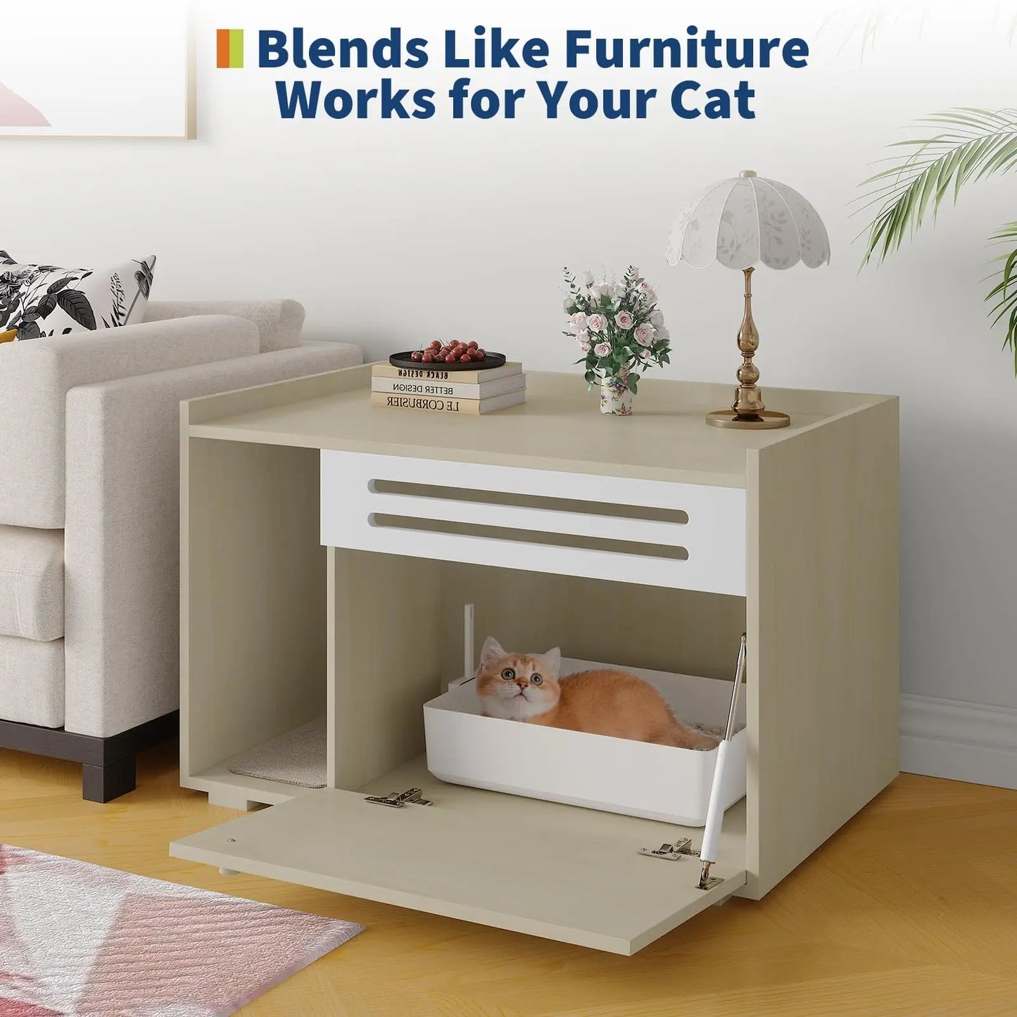 Cat Litter Box Furniture with Flip-Down Door, Spacious Hidden Cat Litter Box Enclosure Cabinet, Ventilated Covered Litterbox