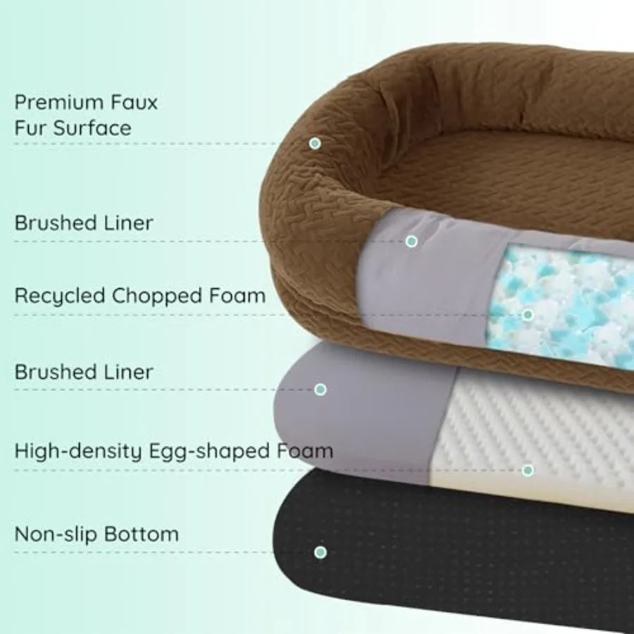 Human Dog Bed for Adult Luxury Faux Fur Giant Size with Portable Handle Egg Orthopedic Foam Blanket 72x40x10 Brown