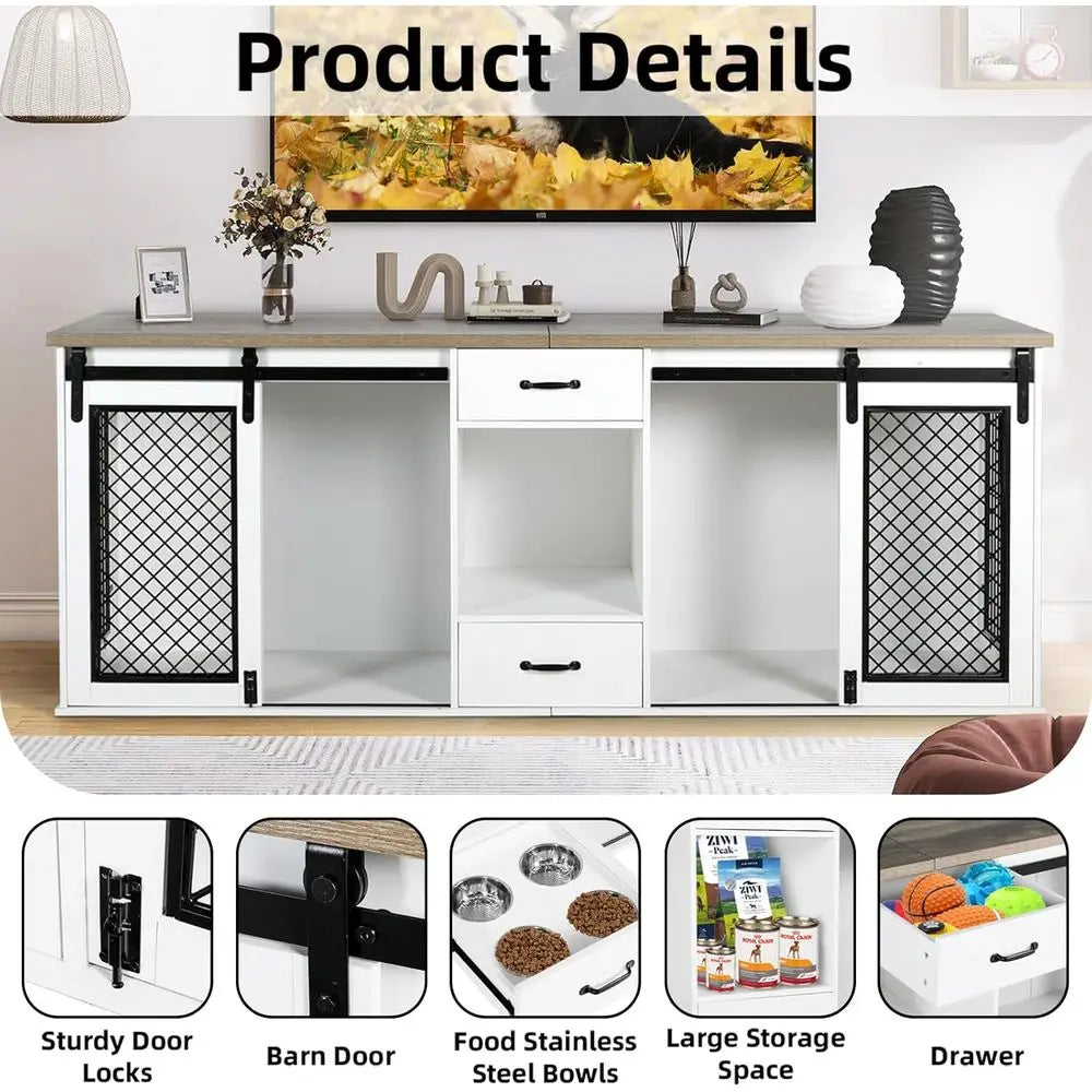 85 Heavy-Duty Double Dog Crate with Sliding Door, Divided for Two Large Dogs, Includes 4 Bowls, White