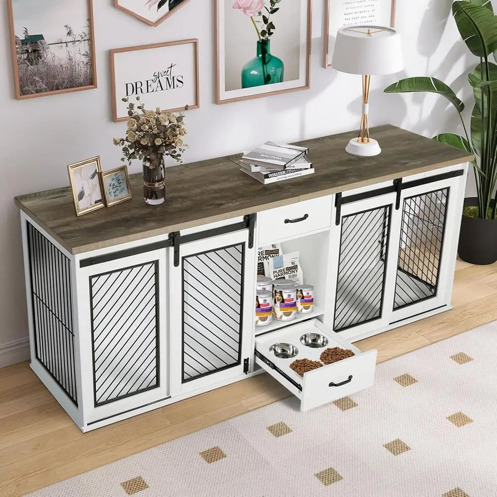 85 Heavy-Duty Double Dog Crate with Sliding Door, Divided for Two Large Dogs, Includes 4 Bowls, White