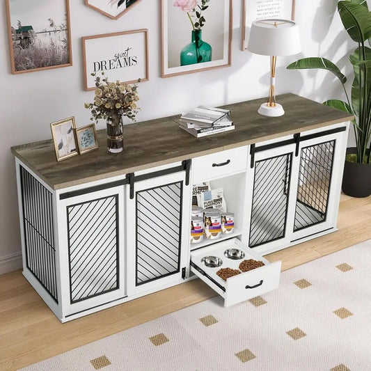 85 Heavy-Duty Double Dog Crate with Sliding Door, Divided for Two Large Dogs, Includes 4 Bowls, White