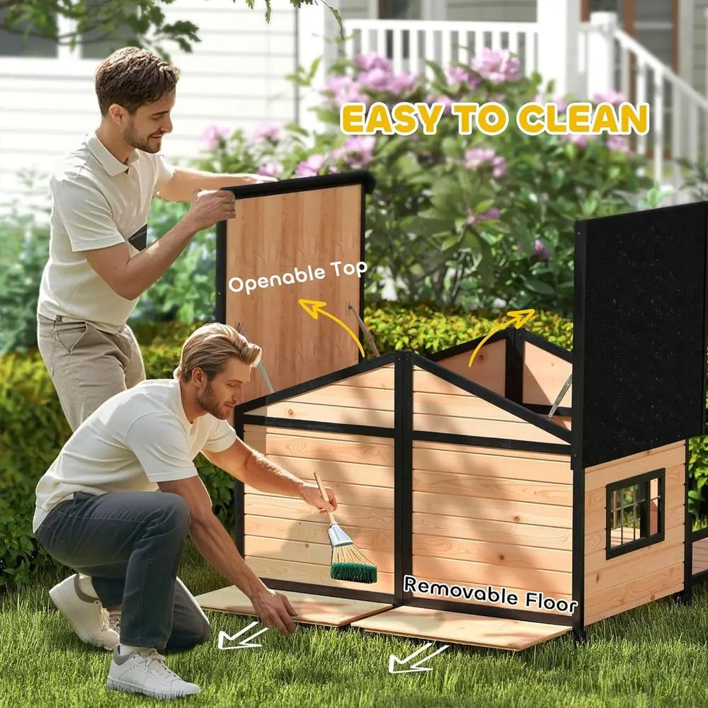 Outdoor Wooden Dog Kennel with Porch, Removable Bottom, and Double Room for Medium Breeds