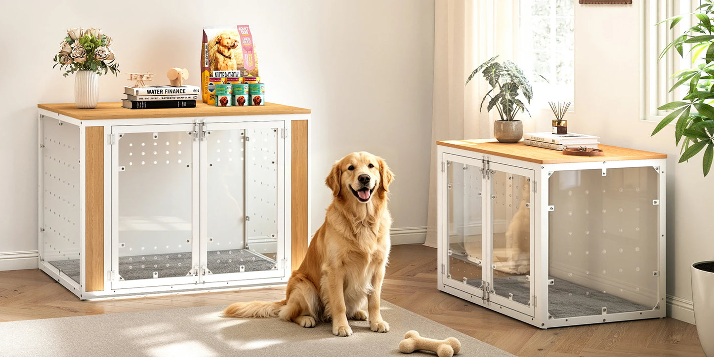 Modern Acrylic Dog Crate Furniture with Wood Top,Indoor Dog Crate Furniture Style End Table,Chew-Proof Breathable Pet Kennel with Double Doors,Stylish Indoor Dog House End Table for Medium to Large Dogs, (Suitable for 20-90lb