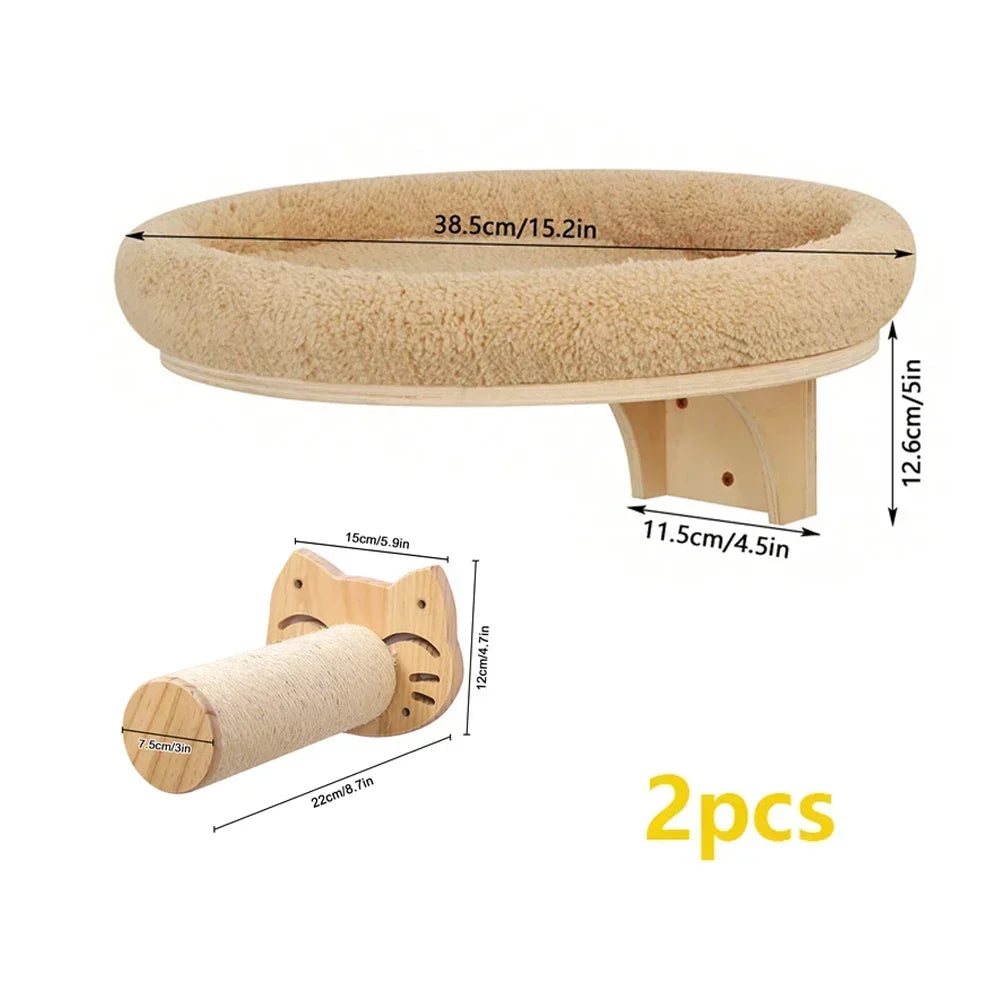 Cat Climbing Shelf Wall Cat Furniture Wooden Tree Tower Scratching Post Hiding House Nest Hanging Hammock Ladder Indoor Cats Gym
