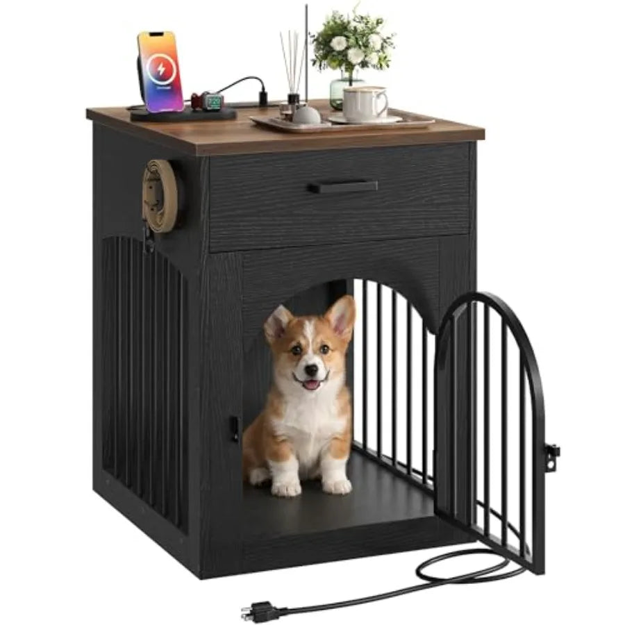 Dog Crate Furniture, Wooden Dog House with Charging Station and Storage Drawer, Indoor Pet Crate End Table for Small Breeds, Do