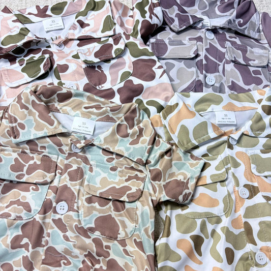 Sibling Baby Boy Camouflage Romper with Pockets Short Sleeve Button-Up Sibling Outfit