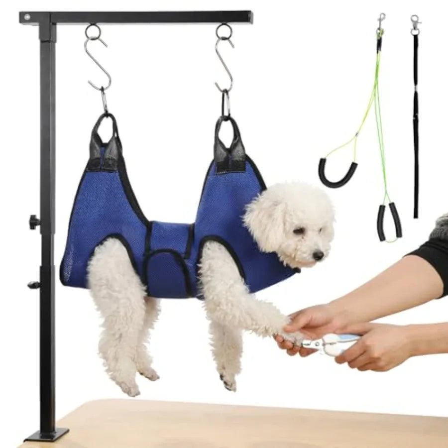 Dog Grooming Arm with Dual-Spiral Clamp Adjustable Height 27-37 inch Dog Grooming Table Arm with Hammock Groom Restraint for Sm