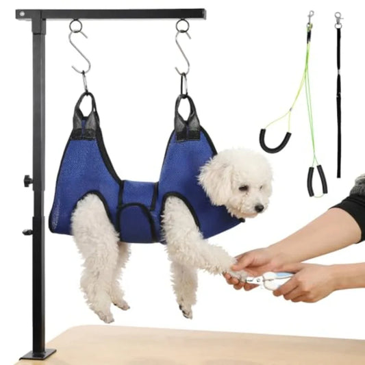 Dog Grooming Arm with Dual-Spiral Clamp Adjustable Height 27-37 inch Dog Grooming Table Arm with Hammock Groom Restraint for Sm