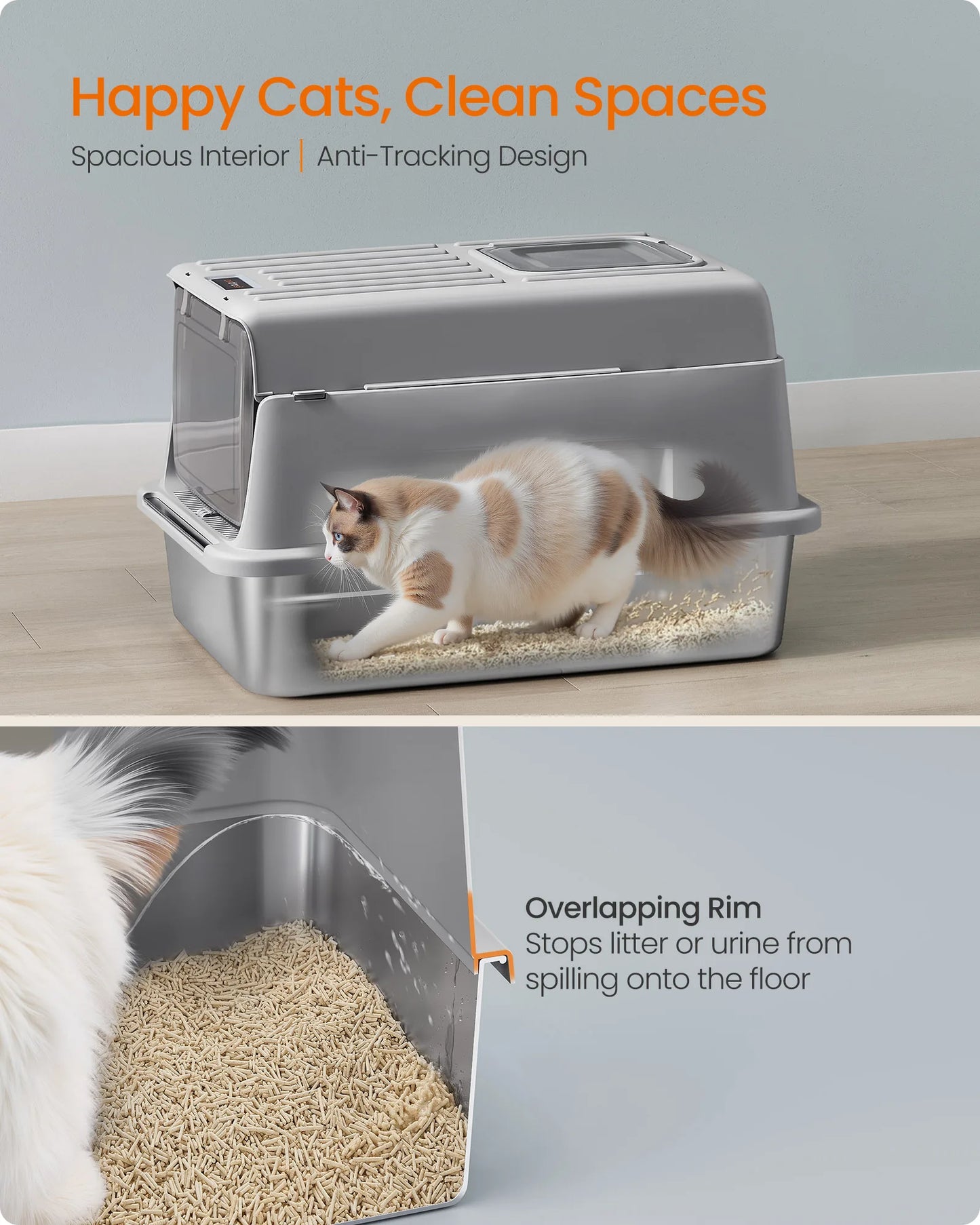 Feandrea Stainless Steel Cat Litter Box with Flip Lid, Litter Catcher Mat and Box, 2 Doors, Scoop, for Cats up to 33 lb