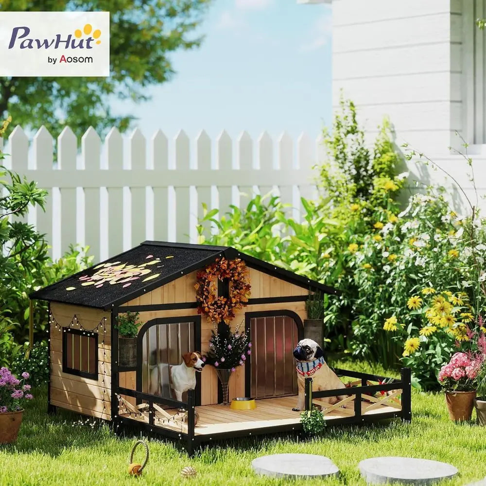 Outdoor Wooden Dog Kennel with Porch, Removable Bottom, and Double Room for Medium Breeds