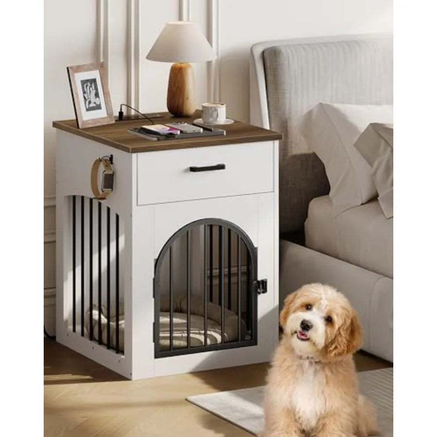 Dog Crate Furniture, Wooden Dog House with Charging Station and Storage Drawer, Indoor Pet Crate End Table for Small Breeds, Do