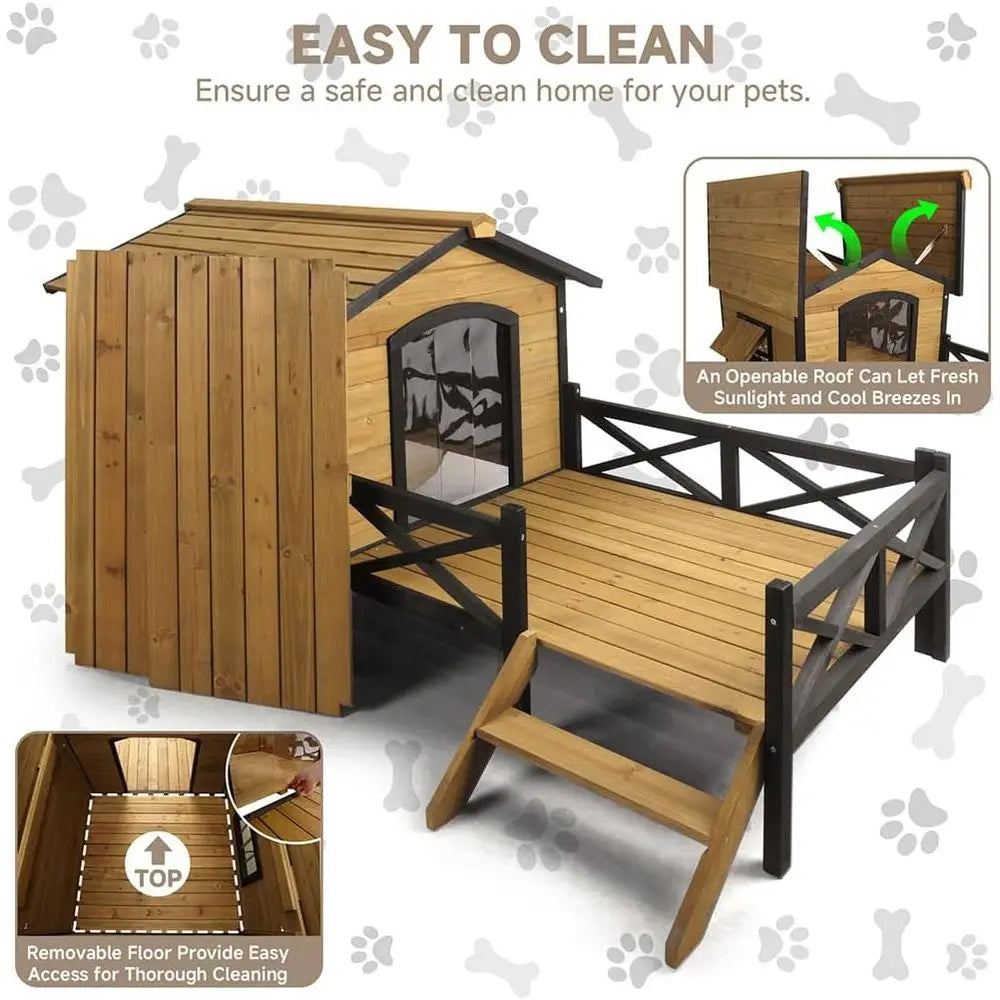 Wooden Large Dog House 43.3" L x 69.9" W x 32.7" H Extreme Outback Log Cabin Weatherproo Outdoor Pet Kennel, Cabin Style Elevate