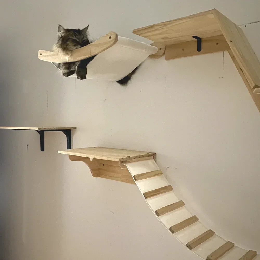 Cat Climbing Shelf Wall Cat Furniture Wooden Tree Tower Scratching Post Hiding House Nest Hanging Hammock Ladder Indoor Cats Gym