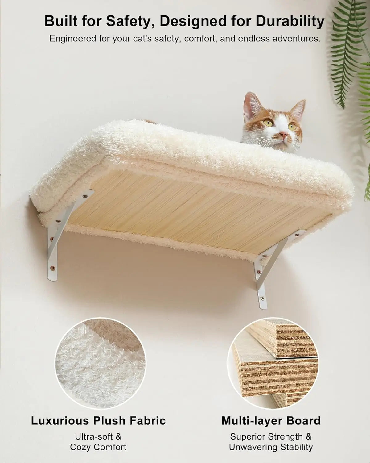 Cat Wall Shelves Set, 70 Inch Stable Wall Mounted Tree with Soft Cushion Perch, Space Saving Climbing Furniture for 16" Drywall - Beige