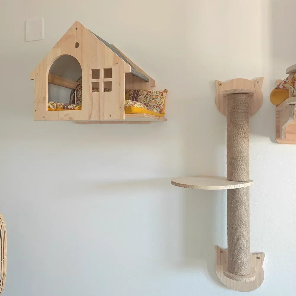 Cat Climbing Shelf Wall Cat Furniture Wooden Tree Tower Scratching Post Hiding House Nest Hanging Hammock Ladder Indoor Cats Gym