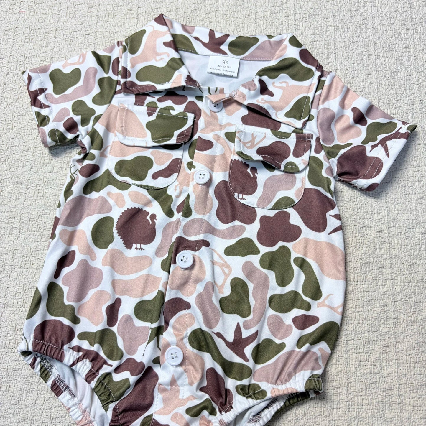 Sibling Baby Boy Camouflage Romper with Pockets Short Sleeve Button-Up Sibling Outfit