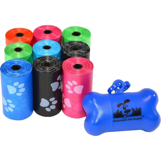Dog Waste Bags with Dispenser, 180 Count - Leak-Proof and Bone-Shaped Holder or Leash, 12.5 x 8.5, Rainbow with Paw Prints