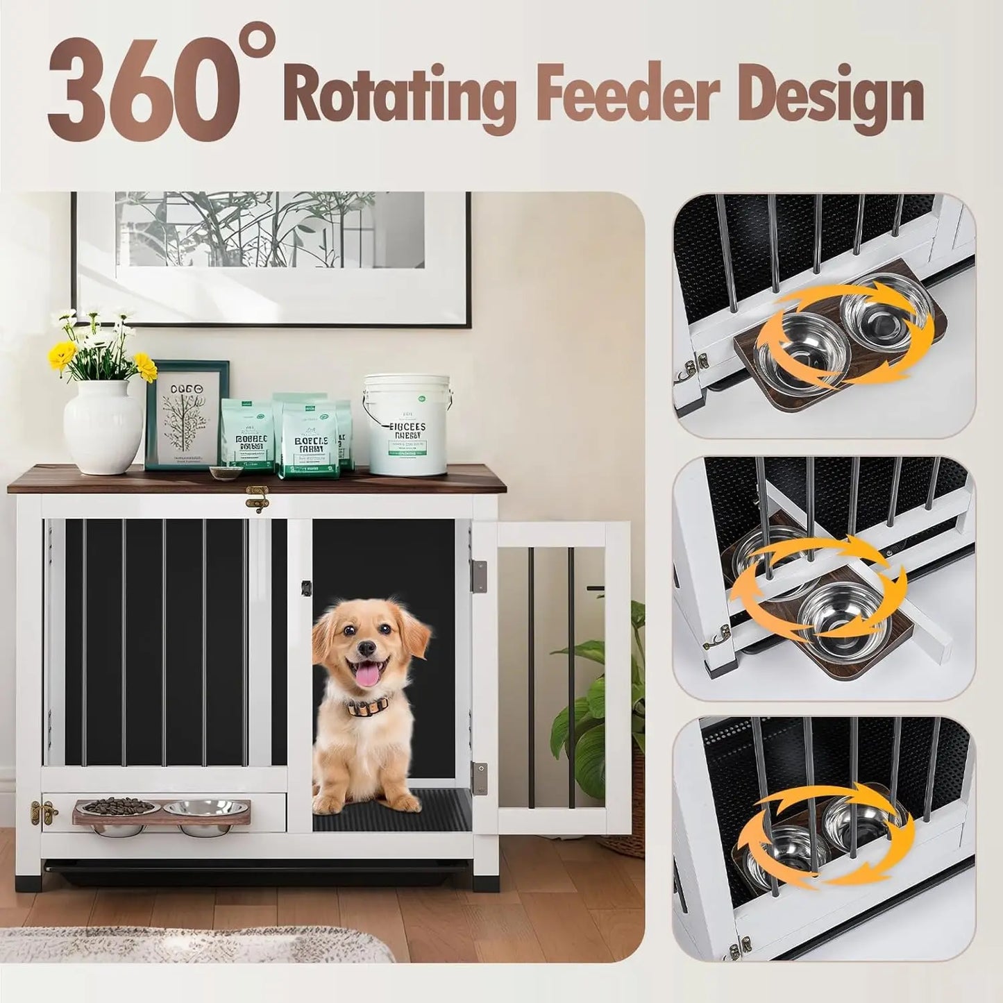 Dog Crate - 31.5" Wooden Dog Kennel Furniture with 360° Rotating Feeder & Removable Tray |