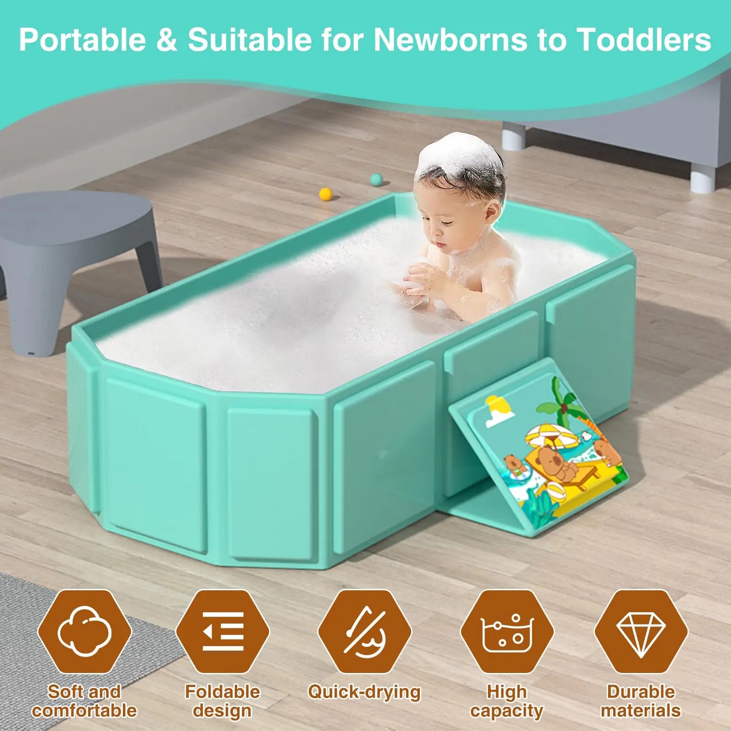 Portable Folding Baby Bathtub, Folded for Storage without Assembly, for Newborns to Toddlers, Bathtub for Outdoor Travel