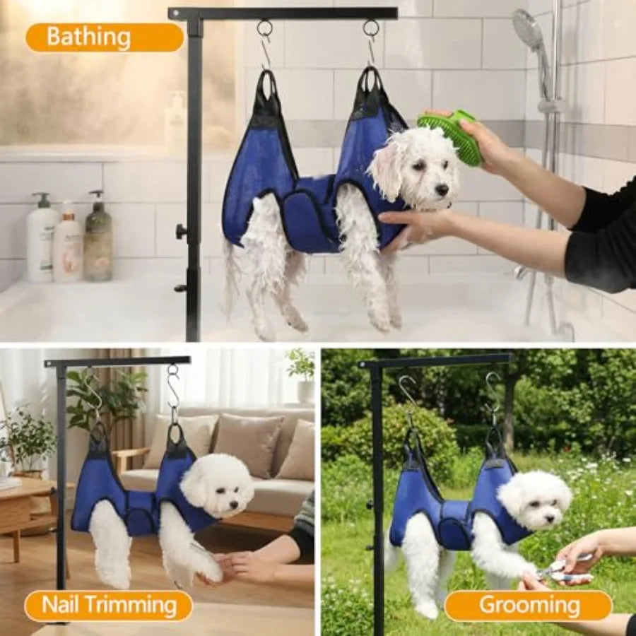 Dog Grooming Arm with Dual-Spiral Clamp Adjustable Height 27-37 inch Dog Grooming Table Arm with Hammock Groom Restraint for Sm