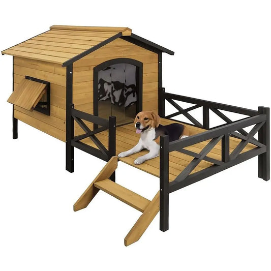 Wooden Large Dog House 43.3" L x 69.9" W x 32.7" H Extreme Outback Log Cabin Weatherproo Outdoor Pet Kennel, Cabin Style Elevate