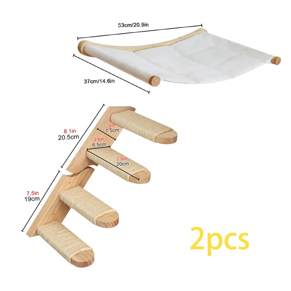 Wall-Mounted Cat Climbing Rope Wooden Cat Tree Hammock Step Ladder Natural Sisal Cat Scratching Post Indoor Wall Cat Furniture