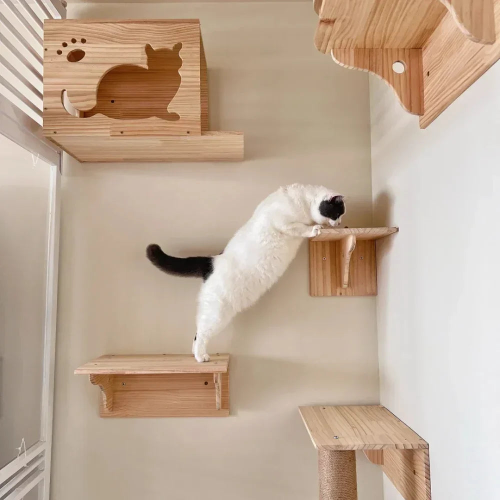 Cat Climbing Shelf Wall Cat Furniture Wooden Tree Tower Scratching Post Hiding House Nest Hanging Hammock Ladder Indoor Cats Gym