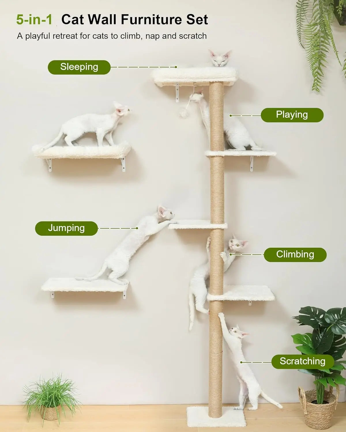 Cat Wall Shelves Set, 70 Inch Stable Wall Mounted Tree with Soft Cushion Perch, Space Saving Climbing Furniture for 16" Drywall - Beige