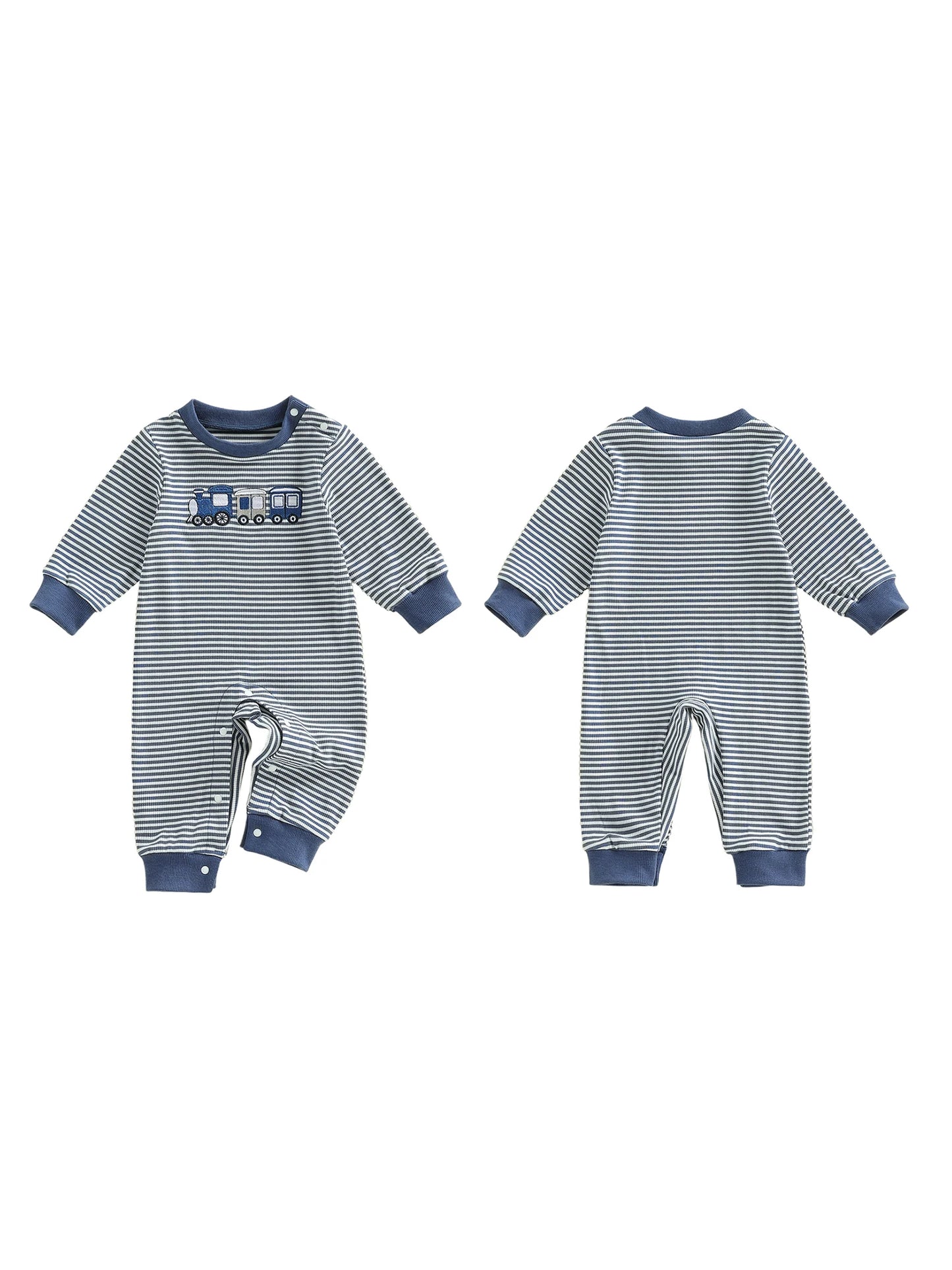 Toddler Boys Fall Striped Playsuit with Long Sleeves and Train Embroidery Comfortable Crewneck Loose Fit Romper