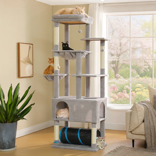Tall Cat Tree with Large Condo Sisal Scratching Posts Oversized Perch Spacious Hammocks Multi-Level Cat Tower with Cat Tunnel Large Cat Furniture for Indoor Big Cats