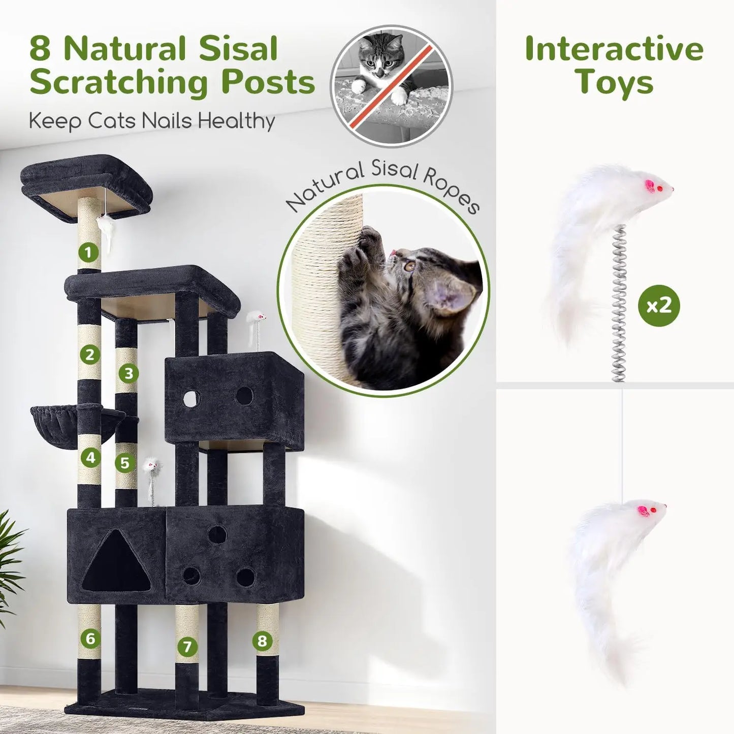 81" Cat Tower for Large Cats, Heavy Duty Cat Tree with 3 Condos, 8 Scratching Posts, Dark Grey