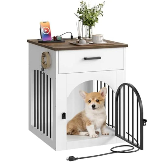 Dog Crate Furniture, Wooden Dog House with Charging Station and Storage Drawer, Indoor Pet Crate End Table for Small Breeds, Do