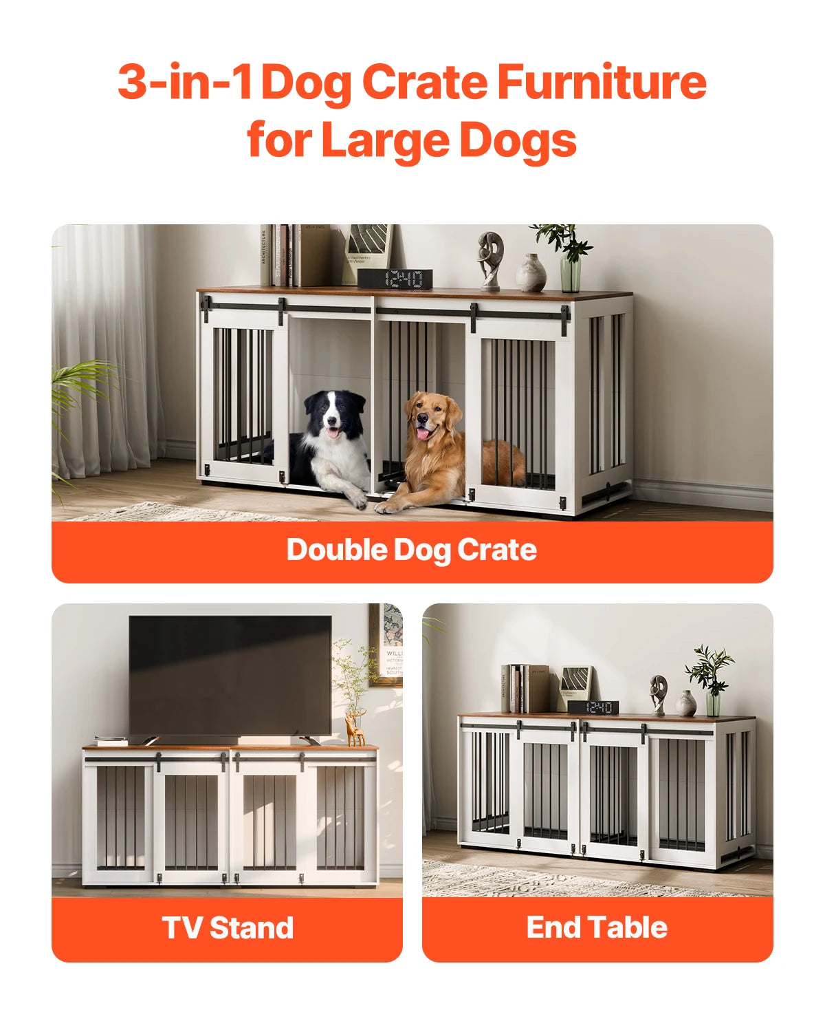 SucceBuy Double Dog Crate Furniture with Double Sliding Doors Large Dog Crate TV Stand with Removable Tray Steel Frame for Dogs