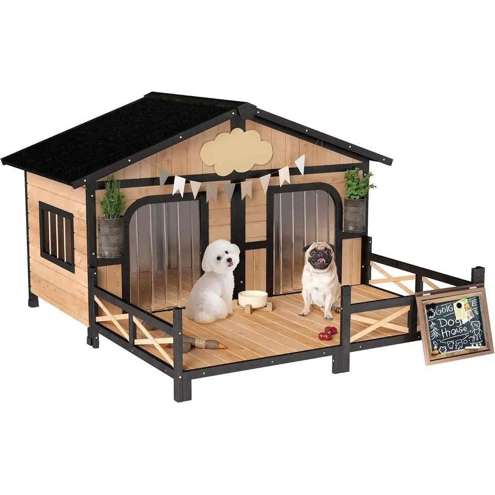 Outdoor Wooden Dog Kennel with Porch, Removable Bottom, and Double Room for Medium Breeds