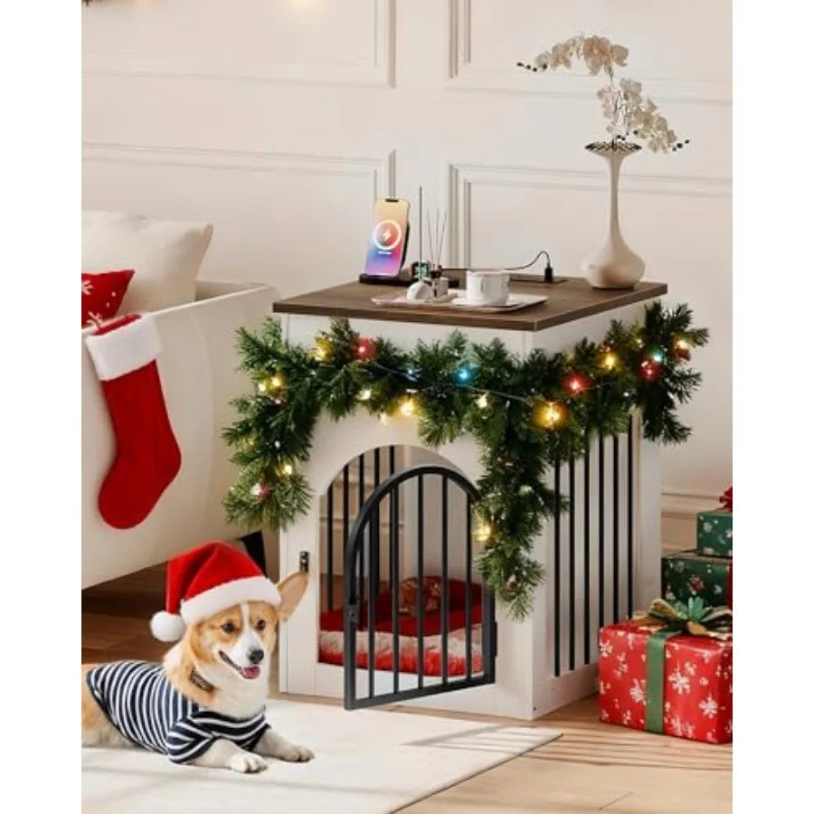 Dog Crate Furniture, Wooden Dog House with Charging Station and Storage Drawer, Indoor Pet Crate End Table for Small Breeds, Do