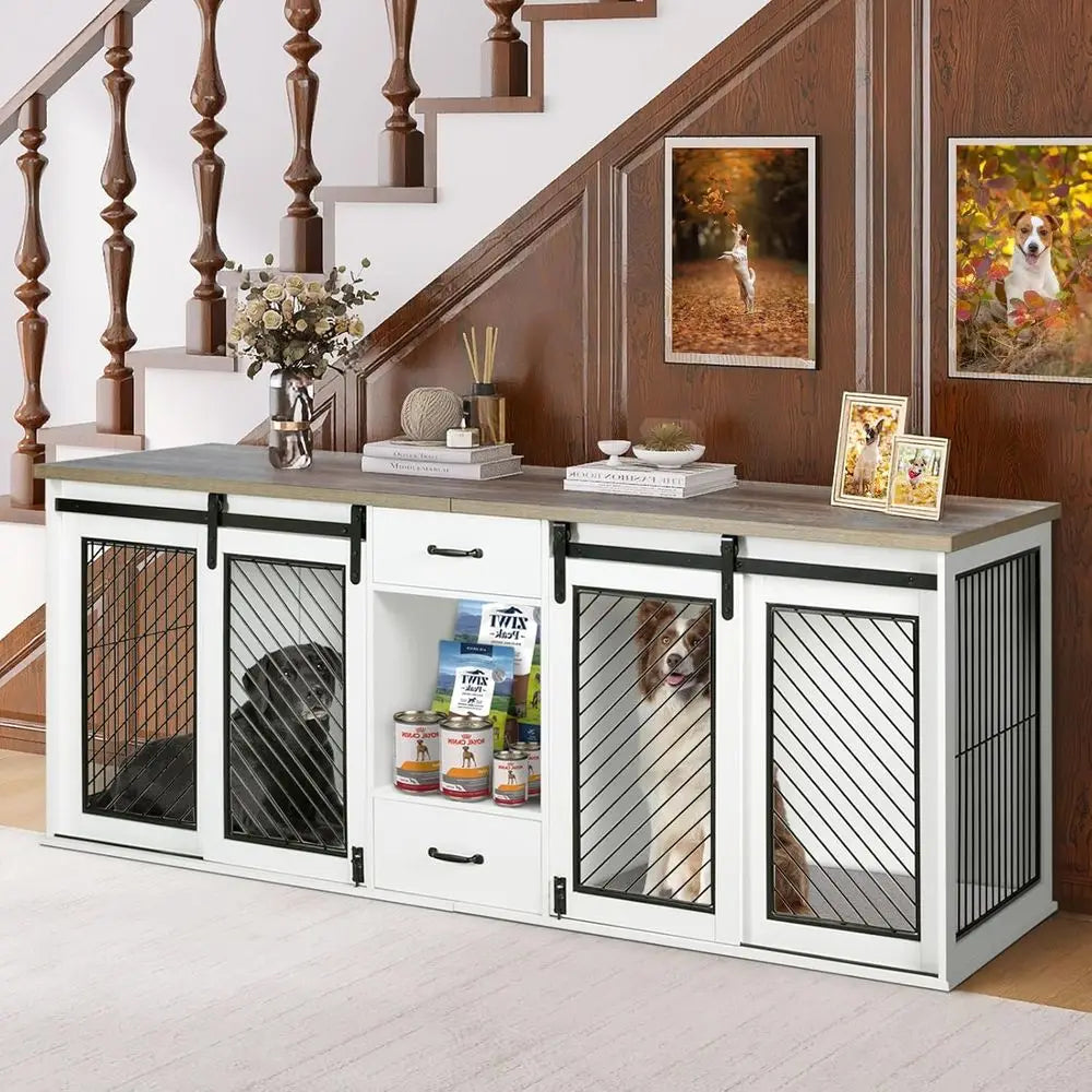 85 Heavy-Duty Double Dog Crate with Sliding Door, Divided for Two Large Dogs, Includes 4 Bowls, White