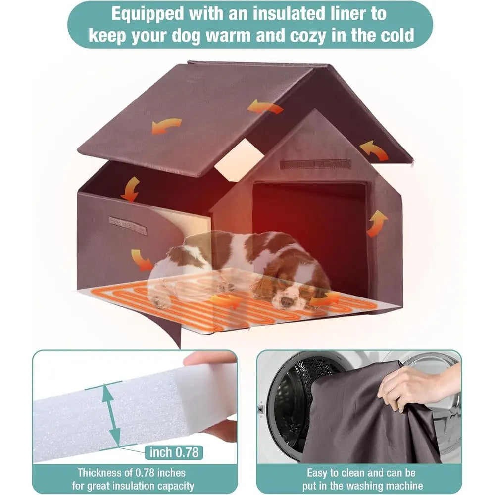 Insulated Dog House with Heating Pad, Weatherproof Outdoor Kennel for Large Dogs, Chew-Resistant Iron and Asphalt Roof (Wood-H,