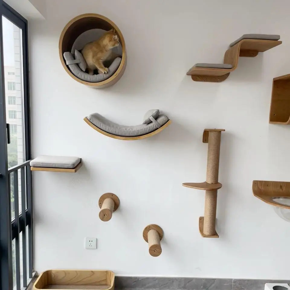 Wooden Cat Climbing Shelves Wall Mounted Cat Tree Sisal Scratching Post Pedal Hammock Indoor Kitten Playground Cats Accessories