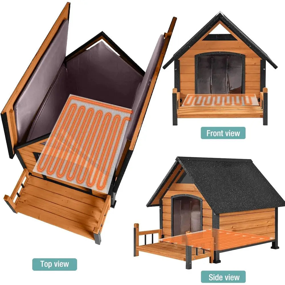Insulated Dog House with Heating Pad, Weatherproof Outdoor Kennel for Large Dogs, Chew-Resistant Iron and Asphalt Roof (Wood-H,