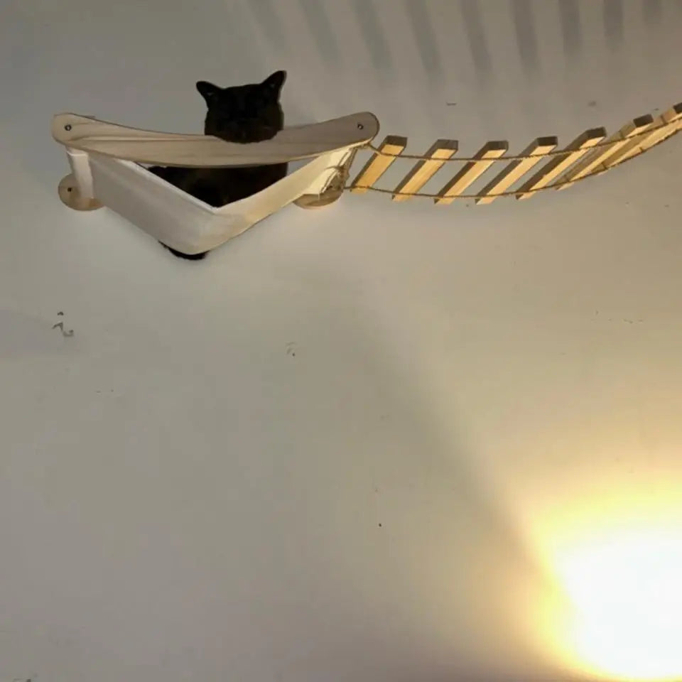 Wall-Mounted Cat Climbing Rope Wooden Cat Tree Hammock Step Ladder Natural Sisal Cat Scratching Post Indoor Wall Cat Furniture