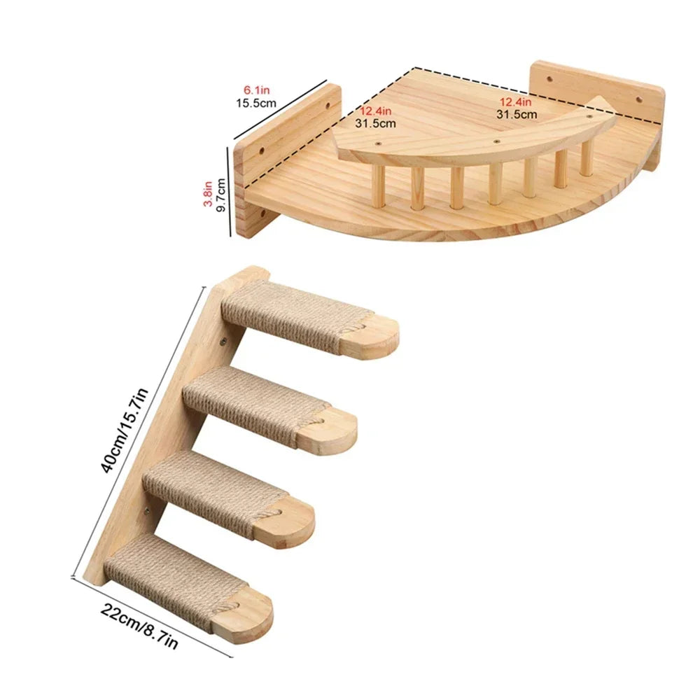 Cat Climbing Shelf Wall Cat Furniture Wooden Tree Tower Scratching Post Hiding House Nest Hanging Hammock Ladder Indoor Cats Gym