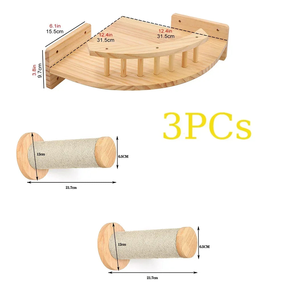 Cat Climbing Shelf Wall Cat Furniture Wooden Tree Tower Scratching Post Hiding House Nest Hanging Hammock Ladder Indoor Cats Gym