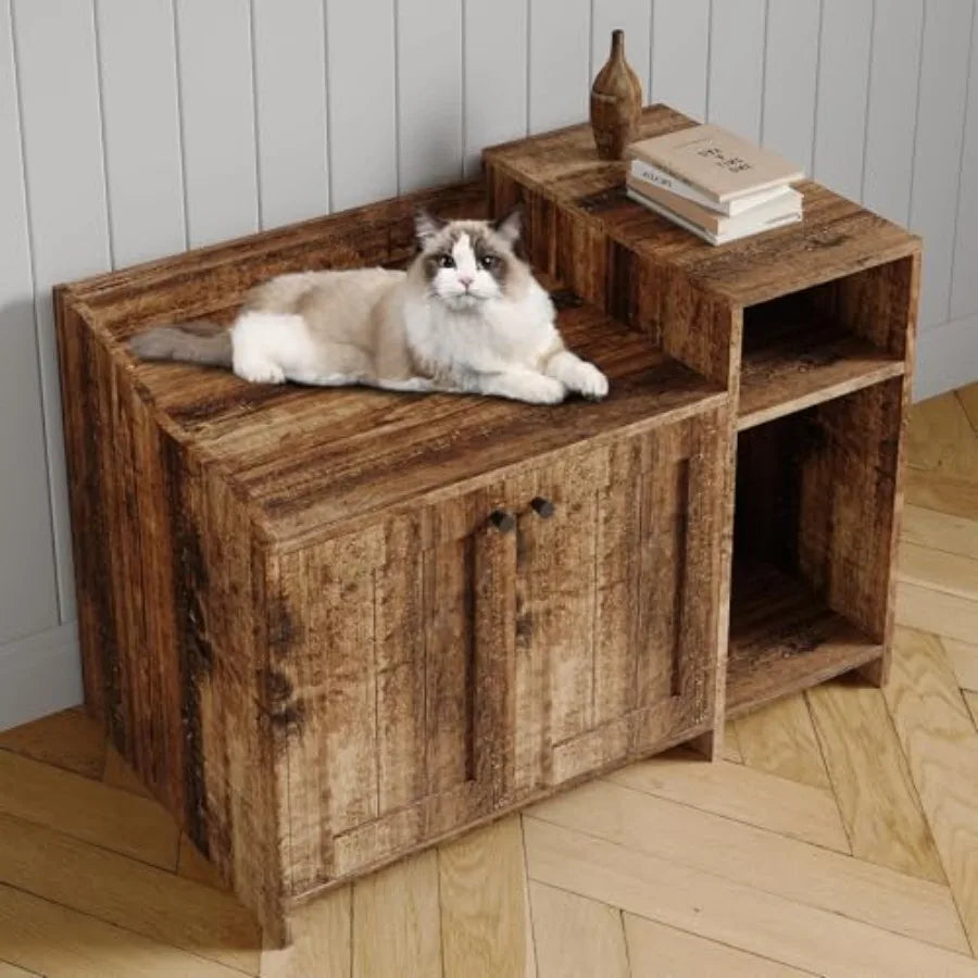 Cat Litter Box Enclosure Furniture Wooden Hidden Litter Box Cabinet Dog Proof Cat Washroom Kitty House with Vent Door