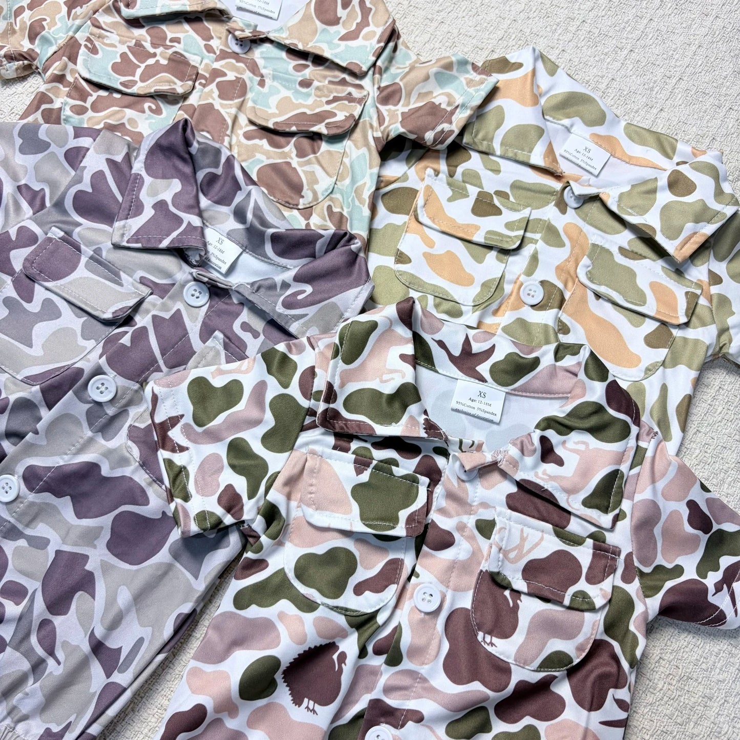 Sibling Baby Boy Camouflage Romper with Pockets Short Sleeve Button-Up Sibling Outfit