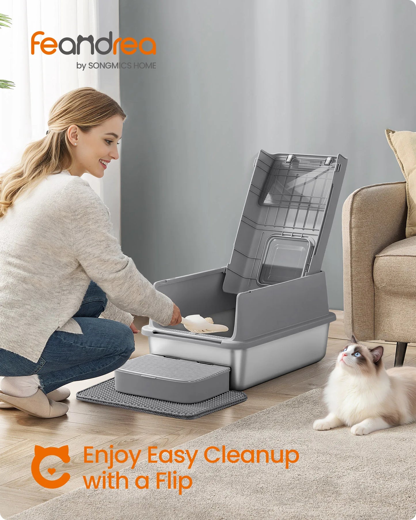 Feandrea Stainless Steel Cat Litter Box with Flip Lid, Litter Catcher Mat and Box, 2 Doors, Scoop, for Cats up to 33 lb