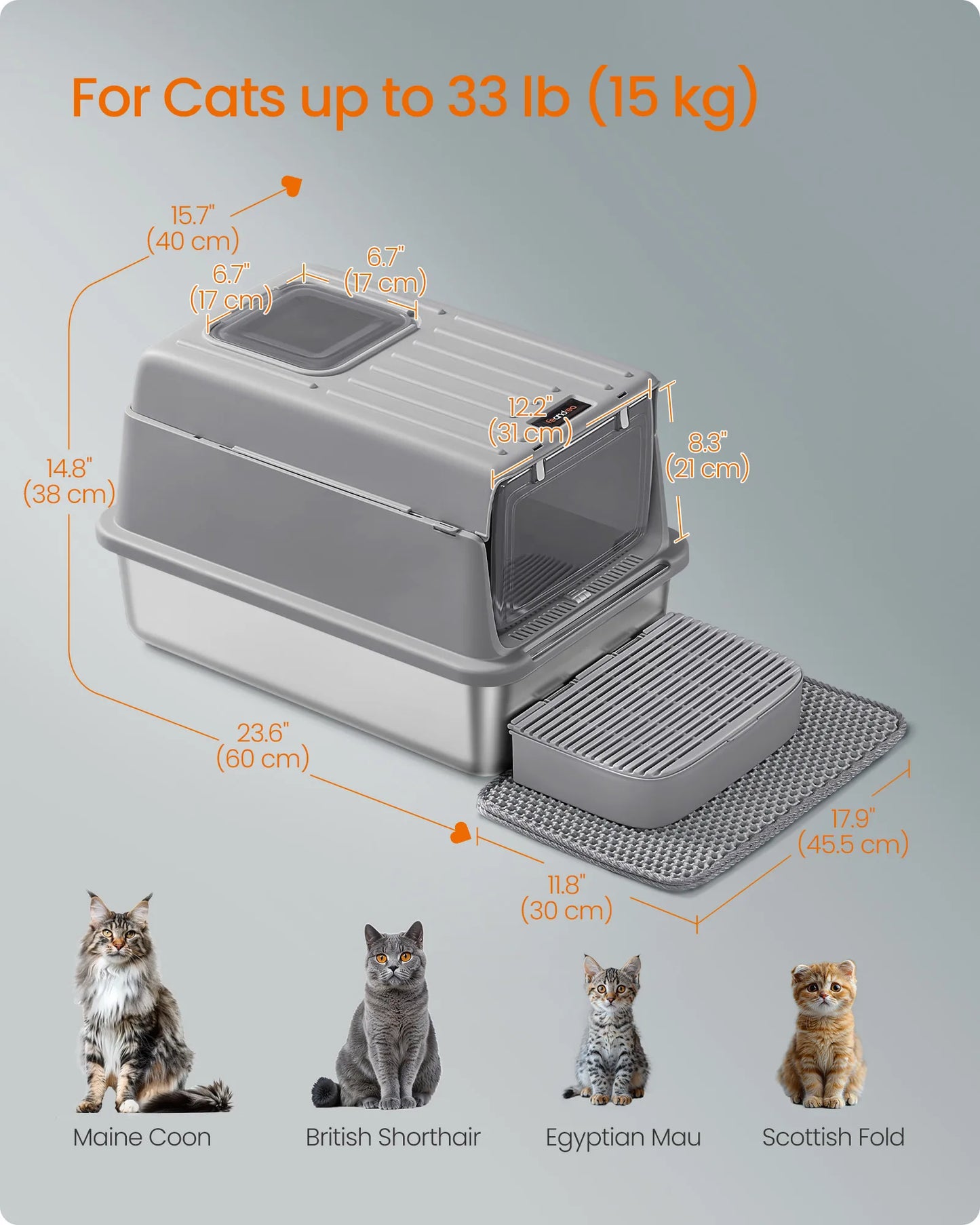 Feandrea Stainless Steel Cat Litter Box with Flip Lid, Litter Catcher Mat and Box, 2 Doors, Scoop, for Cats up to 33 lb